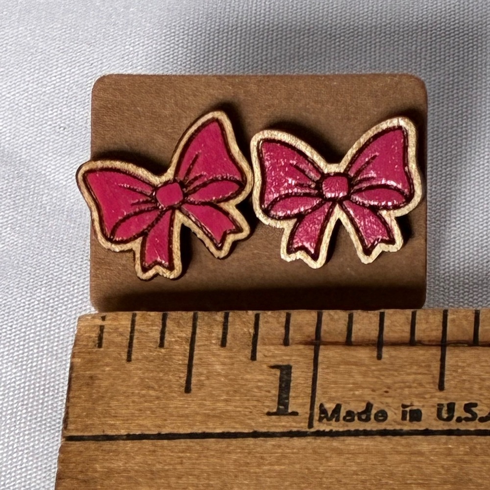Earrings Pink Bow Studs Wooden Laser Cut Coquette Ballet Cottage Whimsical Girly